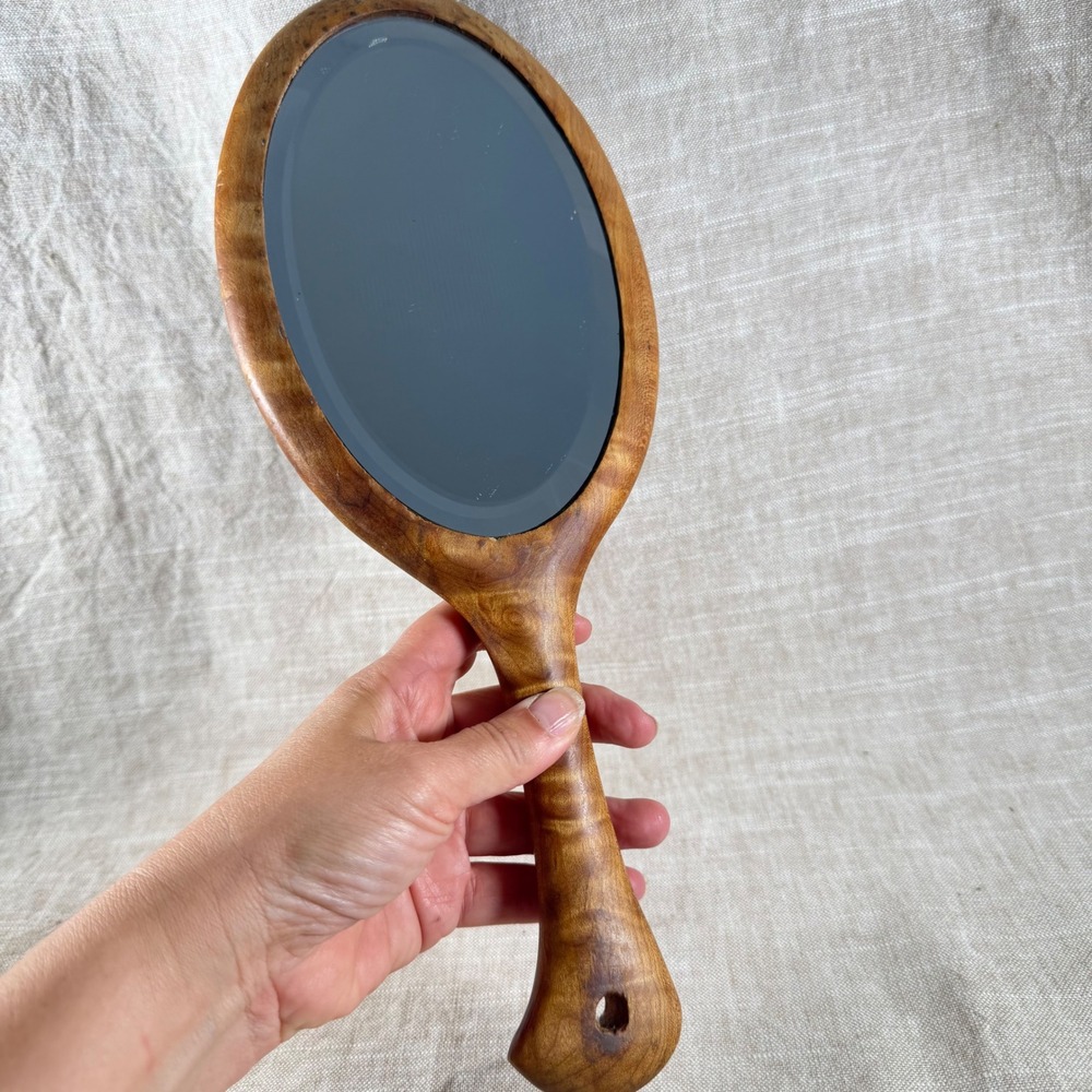Vintage Handheld Artisan Wood Mirror Organic Vanity Decor Rustic Cottage Style